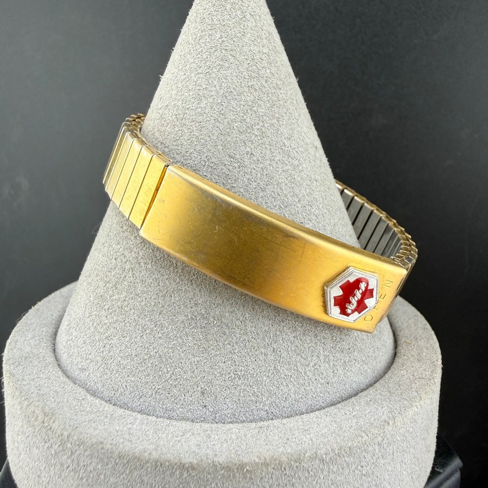 Vintage Speidel MediLog ID Bracelet Gold Tone Expandable 7”